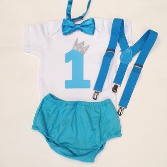 verjaardagsromper Cake smash Romper Jongen aqua blauw Wit complete set  