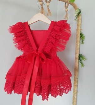 Kanten romper overal met ruffles rood Luxe Handgemaakt 50 -98 Fotoshoot tip