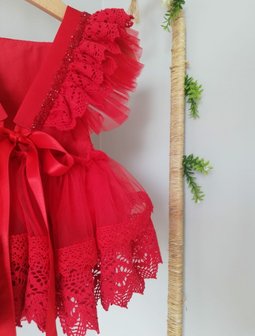 Kanten romper overal met ruffles rood Luxe Handgemaakt 50 -98 Fotoshoot tip