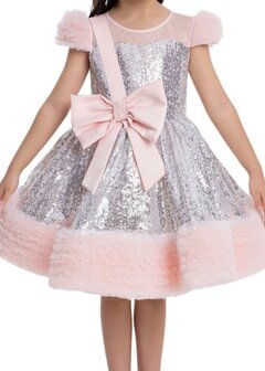 Zilveren glitter jurk met Roze strik 92 tm 128