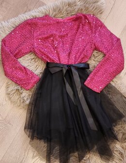 Roze glitter jurk met zwart 98-164