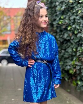 blauwe glitter jurk lange mouw  98-164