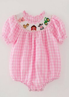 Farm Pink Smocking geborduurde romper voor meisjes