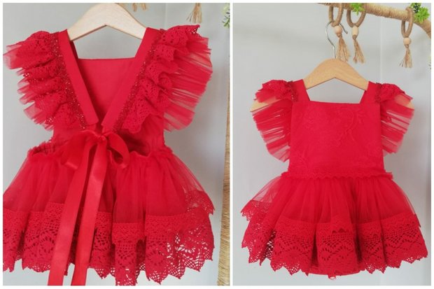 Kanten romper overal met ruffles rood Luxe Handgemaakt 50 -98 Fotoshoot tip