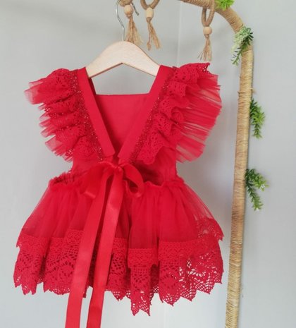 Kanten romper overal met ruffles rood Luxe Handgemaakt 50 -98 Fotoshoot tip