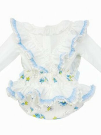 Set overal ruffle blauw wit bloemen 