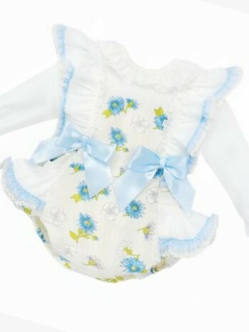 Set overal ruffle blauw wit bloemen 